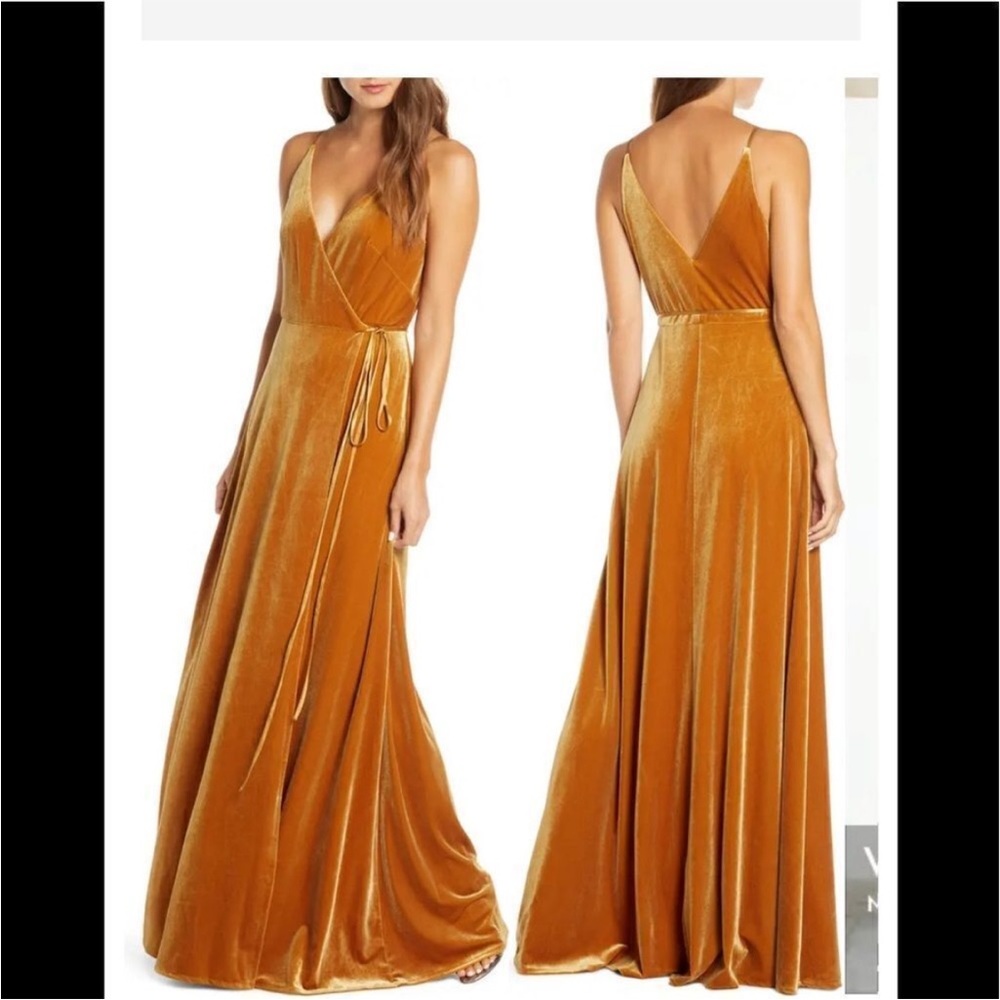 Jenny Yoo Andi Velvet Wrap Bridesmaids Dress in Marigold